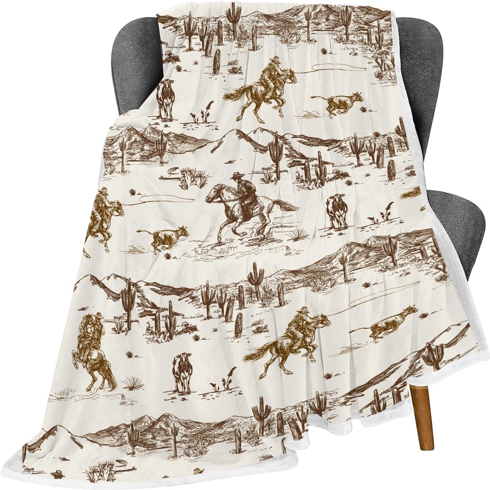 Western Cowboy Throw Blankets, Vintage Wild West Flannel Warm Soft Cozy Fluffy Bed Couch Blanket, Country American Theme White F