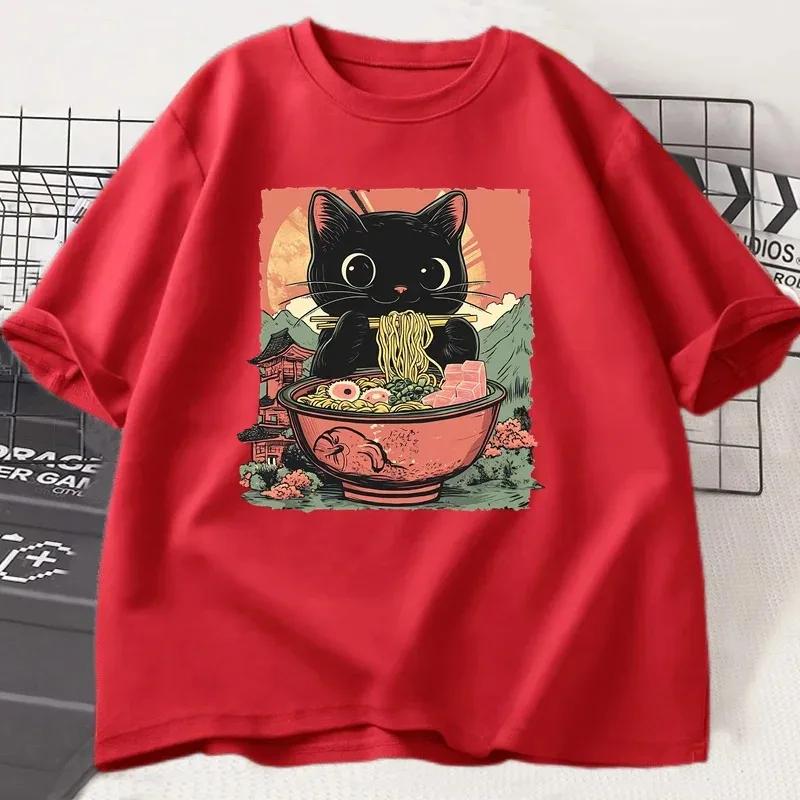 T-Shirt mit schwarzer Katze für Damen, lässiges Kurzarm-T-Shirt Harajuku für Damen, Tops ästhetische Kleidung