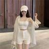 Women's Three-Piece Set: Loose Sleeveless Top, See-Through Sun Protection White Shirt, and Long Sleeve Thin Shorts