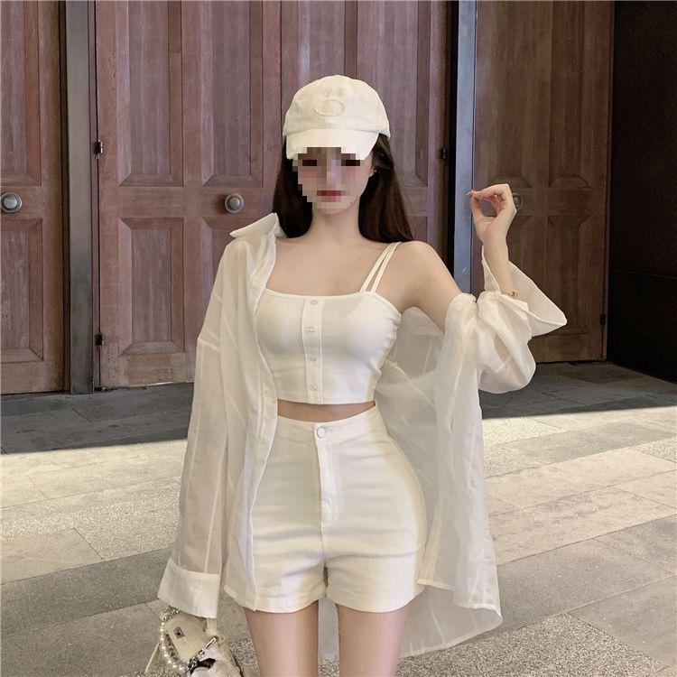 Women's Three-Piece Set: Loose Sleeveless Top, See-Through Sun Protection White Shirt, and Long Sleeve Thin Shorts
