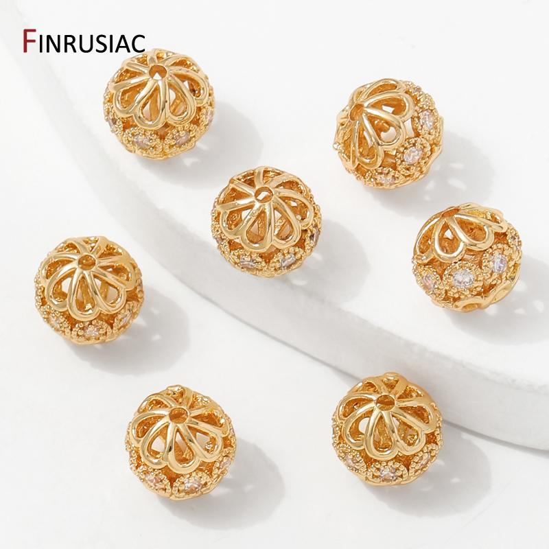 14K Gold Plated Brass Round Hollow Flower Spacer Beads,Separator For Beads,Inlaid Zircon Beads For DIY Jewelry Making Supplies