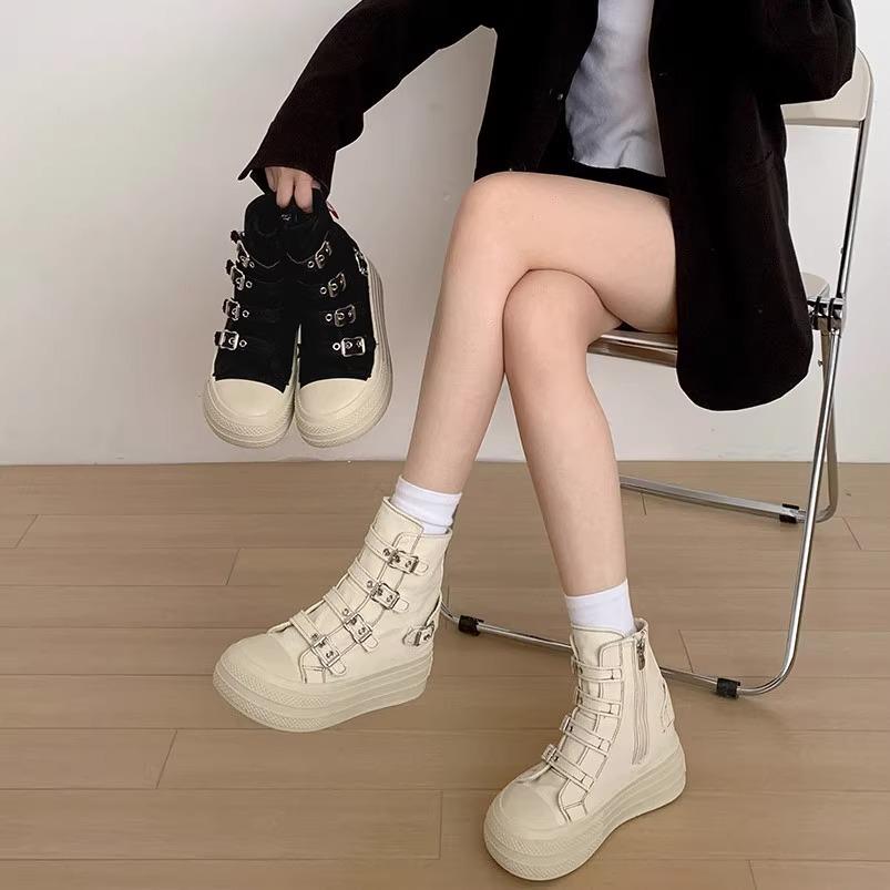 CHABELLA Women's High Top Canvas Shoe Design Buckle Strap Zip Simplicity Female Shoes   High Street Grace Waling Shoes