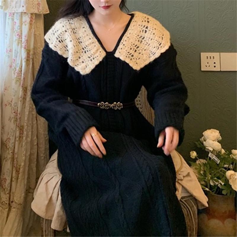 Retro gentle knitted dress for women's autumn and winter new loose and lazy style medium and long inner sweater skirt