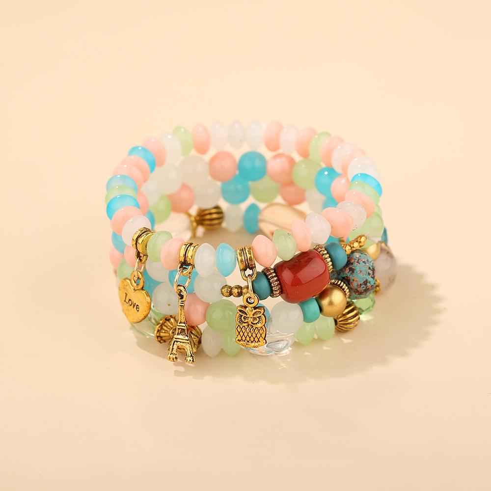 Bohemian Ethnic Multi-layer Bracelet with Owl, Heart & Eiffel Tower Pendants