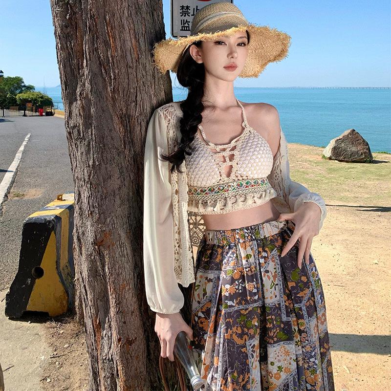 Seaside vacation suit, sexy bikini knitted suspenders + sunscreen cardigan + bohemian print wide-leg pants