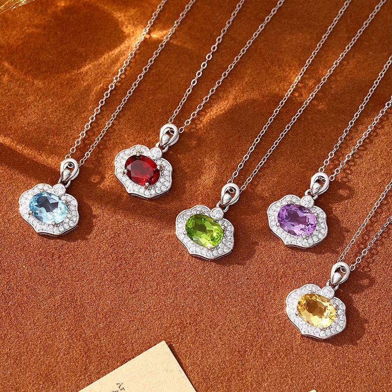 Guochao Ruyi Lock S925 Sterling Silver Necklace Women's Natural Crystal Stone Safety Lock Pendant Ping An Xiangyun Clavicle Chain Women's Gift