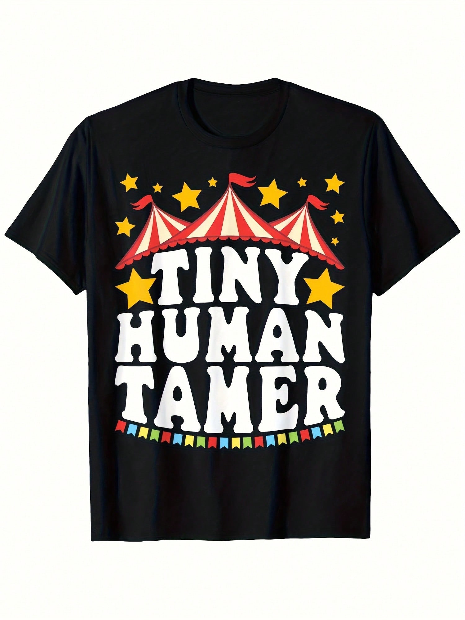 Tiny Human Tamer Circus Carnival Graphic T-Shirt - Black With White Lettering & Colorful Stars, Regular Fit Round Neck Casual Tee For & , All-Season S разноцветный