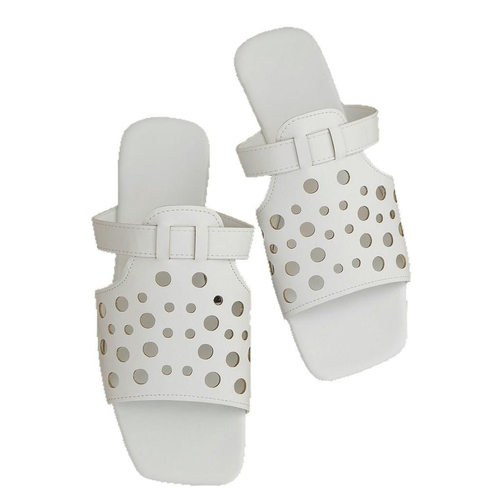 Fashion Fretwork Heels Shoes Woman 2025 Big Size Low Slippers Flat Square Toe Summer Slides Fabric Rubber PU Hoof Shoes Slippers Women S