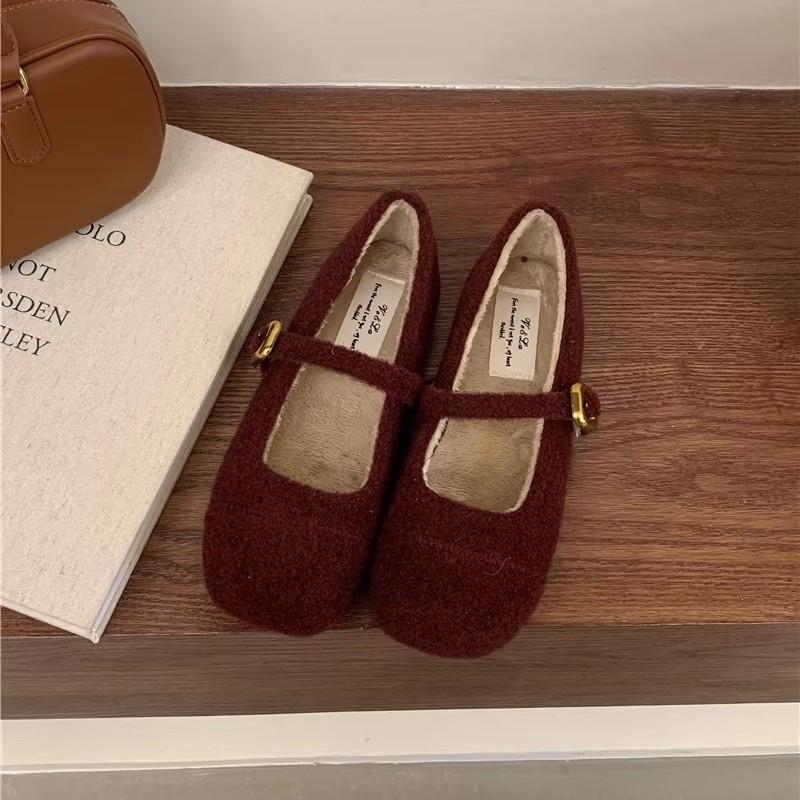 Fairy Foreign Style Fluffy Shoes Female Winter Wear French Evening Temperament Women Velvet Mary Jane Single Shoes Flat Cotton Shoes