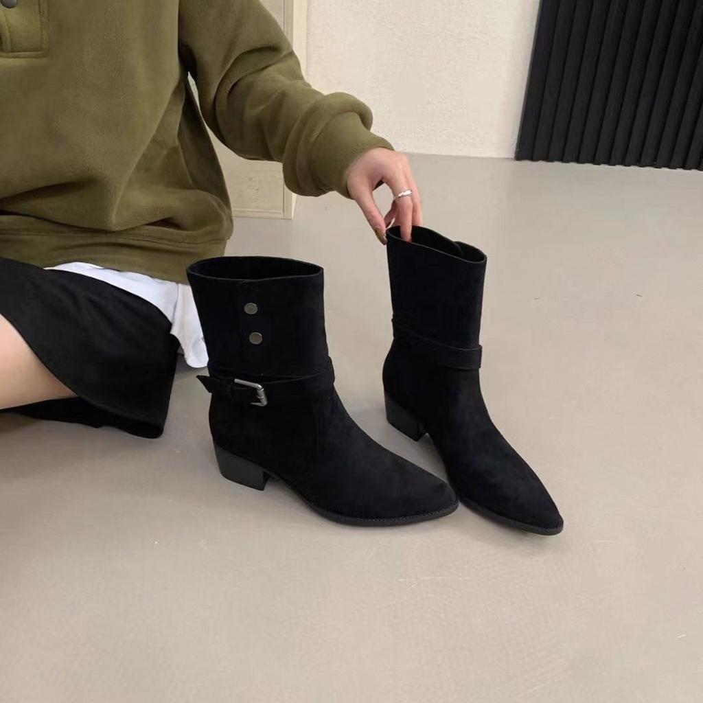 Herbst und Winter 2025 neue runde Zehenpartie Gürtelschnalle dicker Absatz Martin Damen Kurzstiefel Ritter Damenstiefel