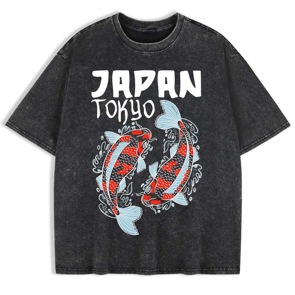 Japanese Koi Harajuku Printed Washed T-Shirts Mens Cotton Short Sleeve Tops Summer O-Neck Oversized T Shirt Clothes