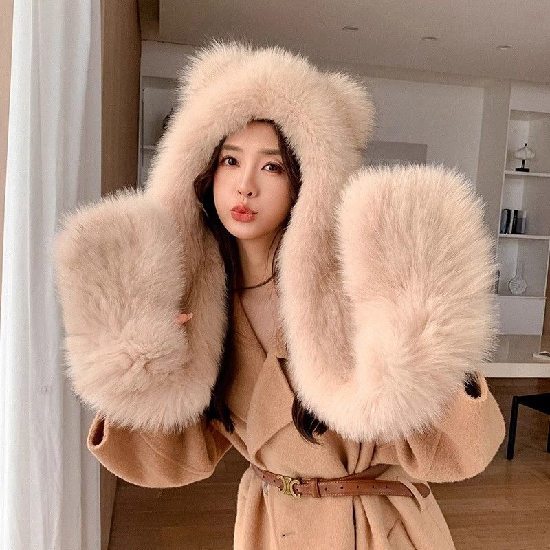 Cute Bear Imitation Fox Hair Hat Scarf Gloves Three-piece Set Fur Snow Hat Women's Winter Warm Scarf