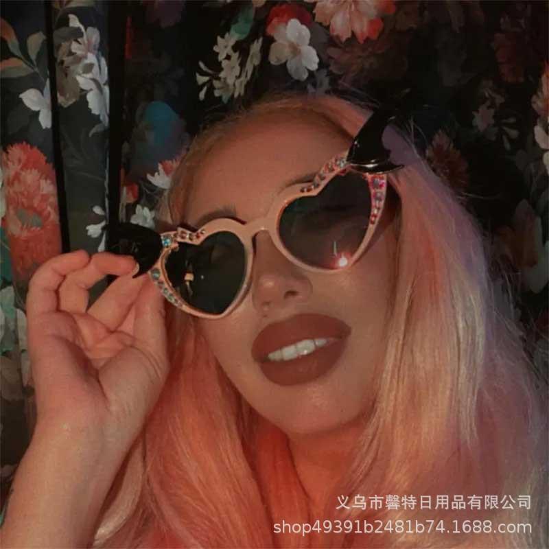 New Halloween Bat Wings Pink Heart Sunglasses with Handmade Gemstones in Dark Fairy Style for Personalized Look