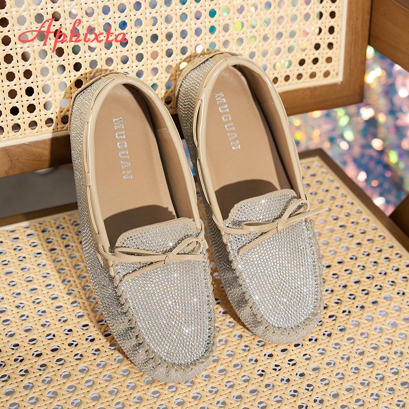 Fashion Aphixta 2025 New Luxury Crystal Shallow Woman Shoes Pink Bow Loafers Spring Woman Fashion Shoes Concise Rubber Sole Shoes Woman