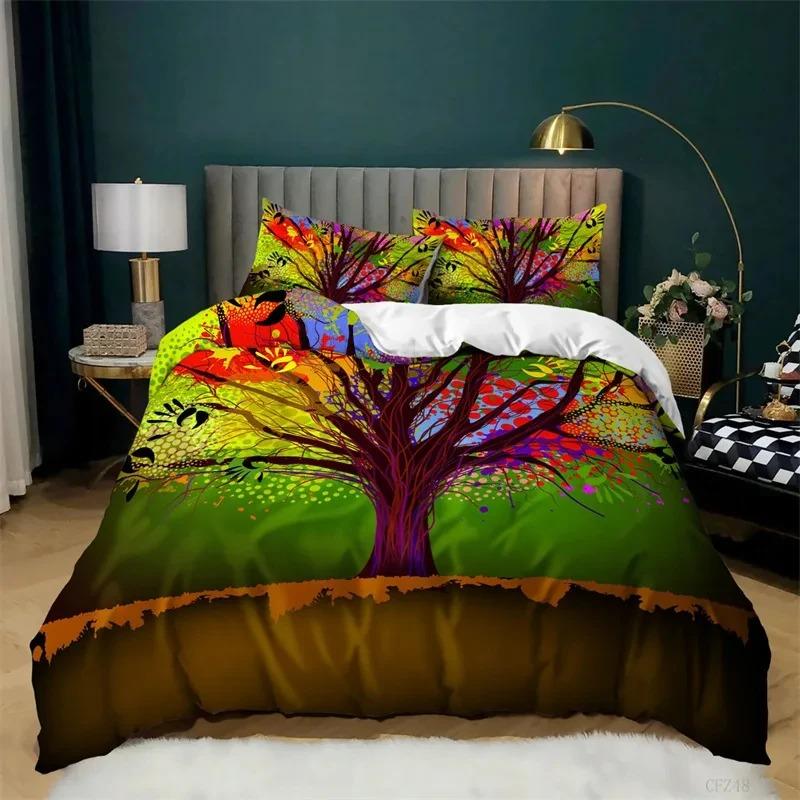 Tree of Life Duvet Cover King Botanical Branches Leaves Bedding Set Microfiber Psychedelic Mysterious Colorful Tree Quilt Cover