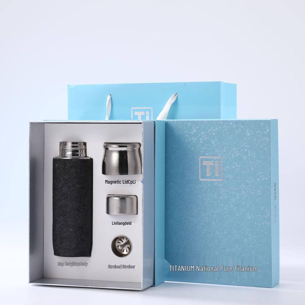 Pure Titanium Insulated Cup with Magnetic Lid - Antibacterial Tea & Water Separation, Direct Lift, Gift Box Packaging for Business or Health Use.