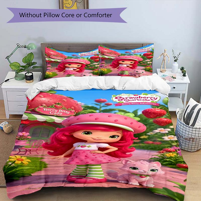 Set cuvertură de pilota 3 buc (1 * Husă de pilota + 2 * Față de pernă, Fără Miez), Set de așternut cu imprimeu Strawberry Shortcake, Decor pentru dormitor, Pentru toate anotimpurile, Cadou de ziua de naștere