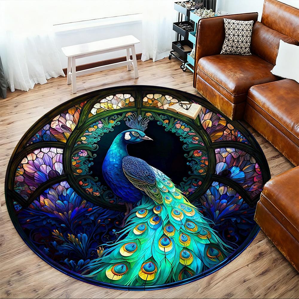 1pc Peacock StainedGlass Round Chair mat office Area Rug - Non-Slip, Floor Mat for Office, Bedroom, Ideal home decor gift c0112068