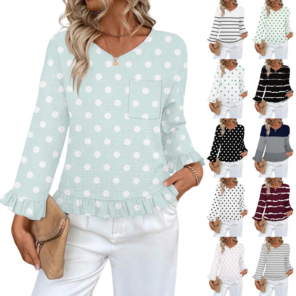 Dámský ležérní módní top s volánky, výstřihem do V, potiskem a dlouhým rukávem