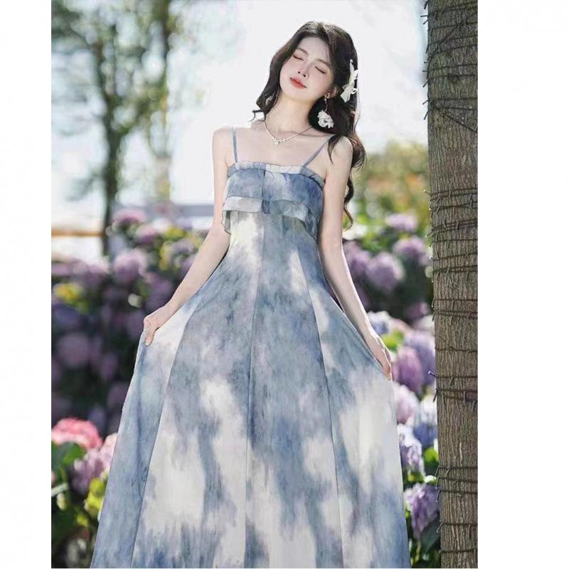 Guochao Stile Hong Kong Vestito Versatile Donna Estate Taglia Grande Versione Coreana di Alta Gamma Design con Spalline Gonne Vita Sottile Media e Lunga