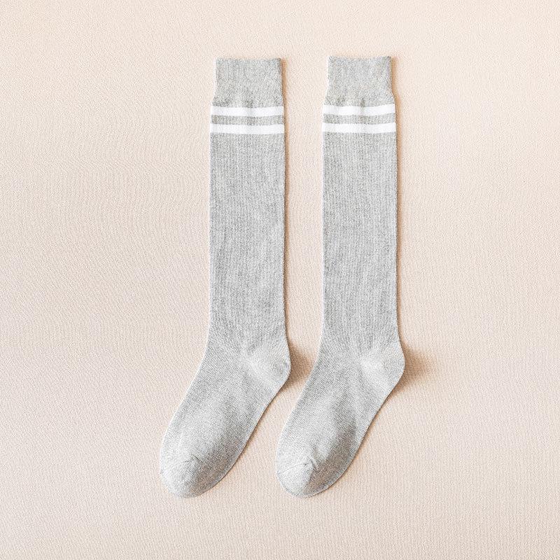 Women's Two-Stripe High Knee Cotton Socks - Black (Spring, Autumn, Winter Fashion)