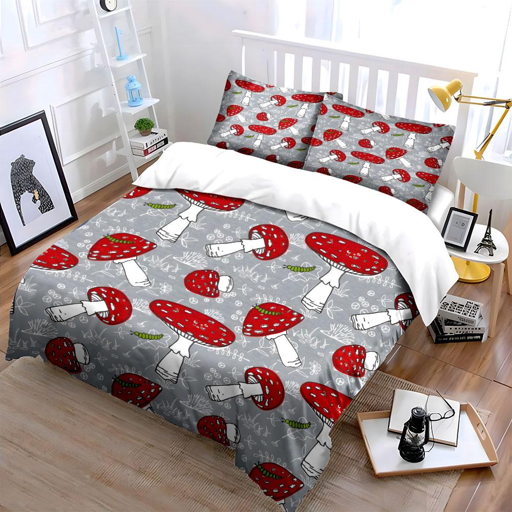 Red And White Mushroom Pattern Background Printed Duvet Cover Set1 Duvet Cover+2 Pillowcasemulti Size Bedroom Bedding Decor