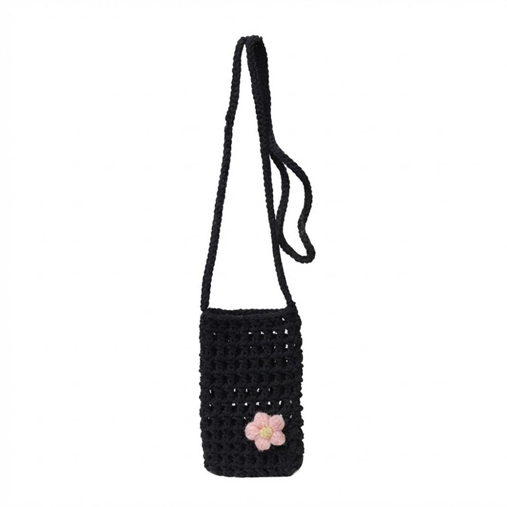 

New Portable Phone Purse Hollow-out Woven Solid Color Shoulder Handbag Crochet Lightweight Crossbody Bags Gifts чёрный