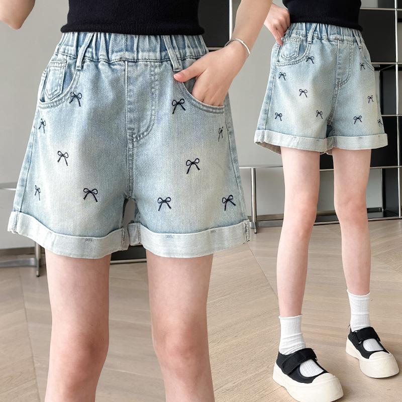 

Children Casual Denim Shorts with Bow For Girls Elegant Above Knee Pants Mini Jeans Kids Teenager Brief Summer Shorts Size 5-14Y 150 синій