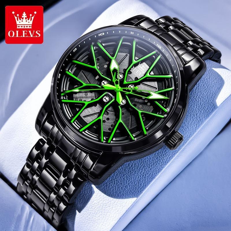 OLEVS Relógio de Pulso Masculino de Quartzo com Mostrador Rotativo 360° Fashion Roda Cubo de Roda Aro Carro Esportivo Aço Inoxidável à Prova d'Água