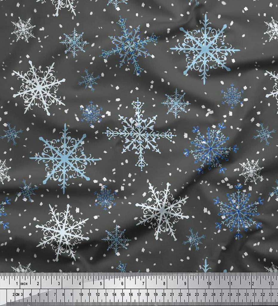 Soimoi Gray Japan Crepe Satin Fabric Snow Flakes & Star Print Sewing Fabric Metre 42 Inch