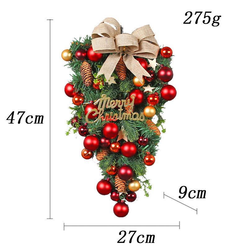 Christmas Teardrop Door Swag, Upside Down Hanging Wreath with Burlap Bow, Xmas Balls & Pine Cones, Farmhouse Front Door Holiday Wall Decor