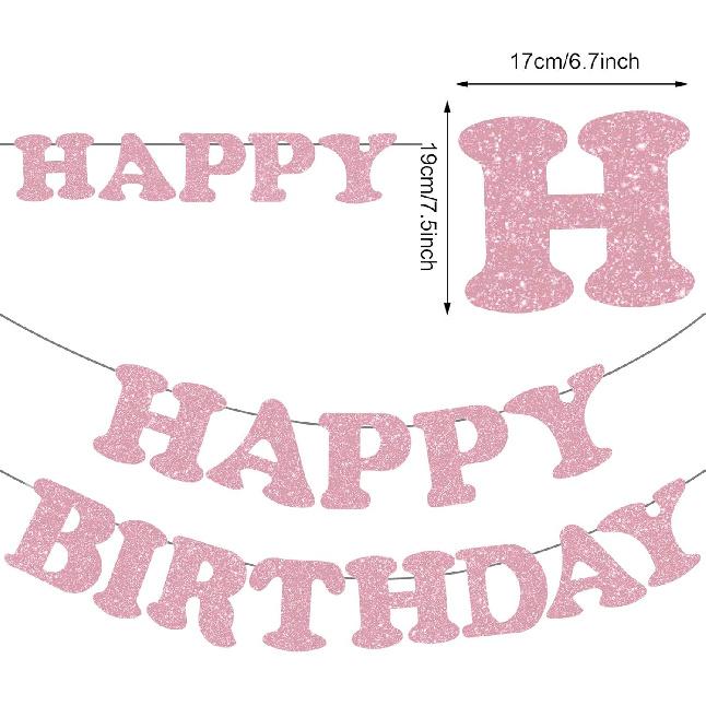 Whaline Light Pink Glitter Happy Birthday Banner Hot Girl Party Decoration Summer Hanging Garland for Pink Birthday Baby Shower Party Backdrop