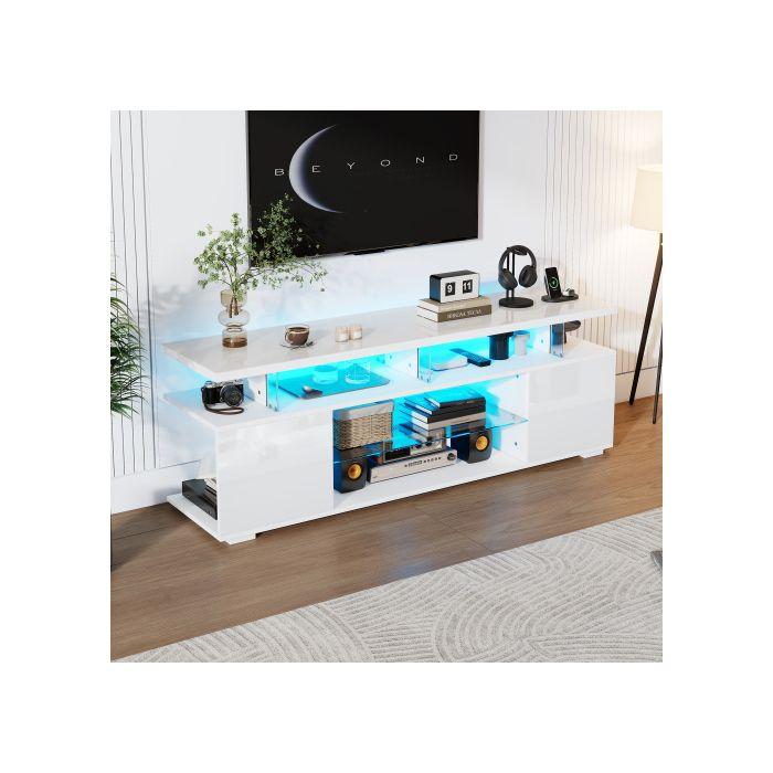 Meuble TV - MUVOE - Moderne - Blanc pur - Verre trempé - Éclairage LED RGB