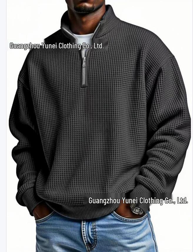 Men's European Style Waffle Knit High Collar Half-Zip Hoodie