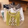 Women Summer Round Neck Three Quarter Sleeve Geometric Embroidery Casual Blouse