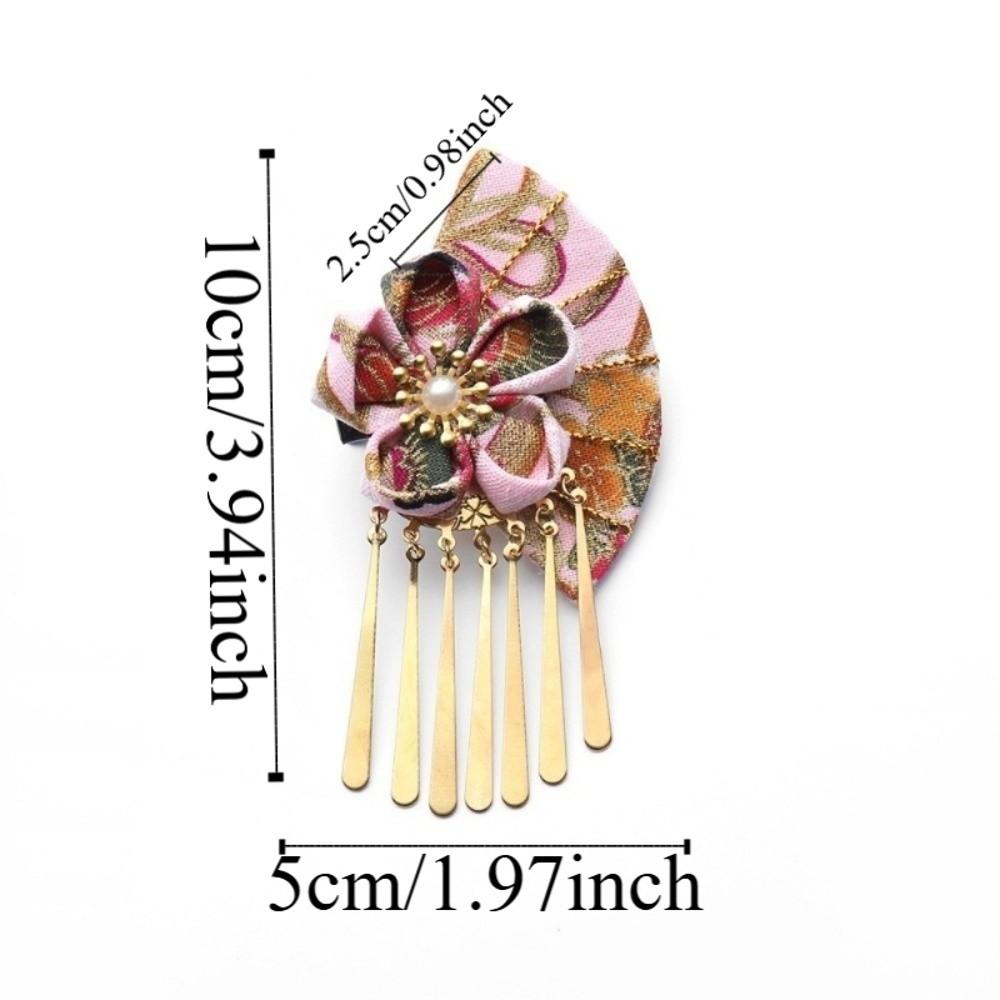 Cute Elegant Kimono Hair Clip Metal Tassel Traditional Fan Shape Hairpin Sakura Flower Cloth Faux Pearl Decor Hair Clip Girls