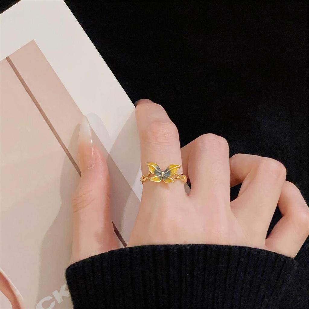 Medieval Personality Butterfly Enamel Drip Glaze Open Ring Elegant Temperament Retro Light Luxury Ring Woman