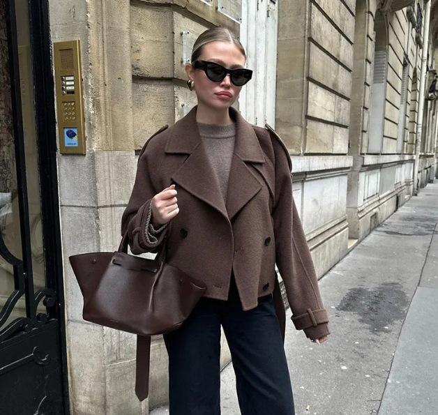 

Женская повседневная свободная шерстяная куртка с лацканами и двойной пряжкой L