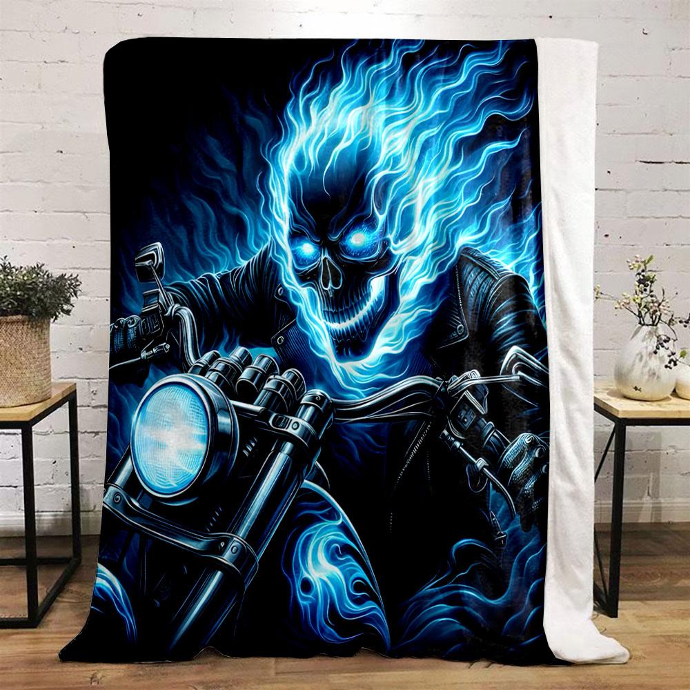 Flaming Skull Rider on Motorcycle print blanket soft and cozy perfect for the living room bed sofa or a nap,gift