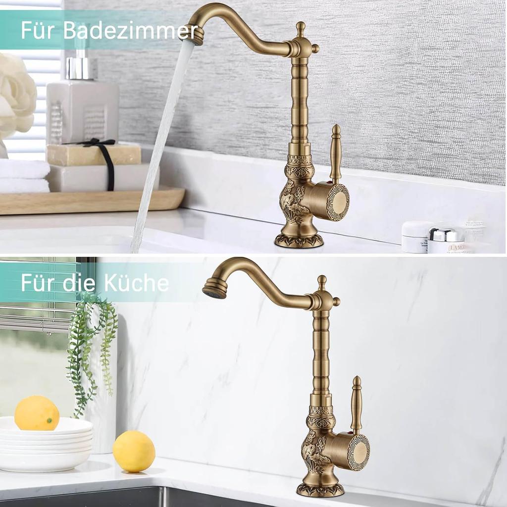 Antique Brass High Tap Bathroom Basin Single Lever Sink Mixer Tap 360° Rotating Spout