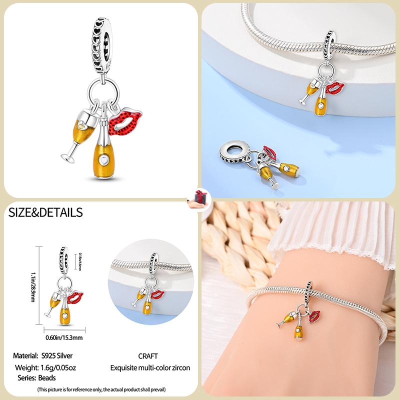 New 925 Silver Fashion Beer Champagne Red Wine Glass Drink Charms Beads Fit Original Bracelet DIY Jewelry Gift