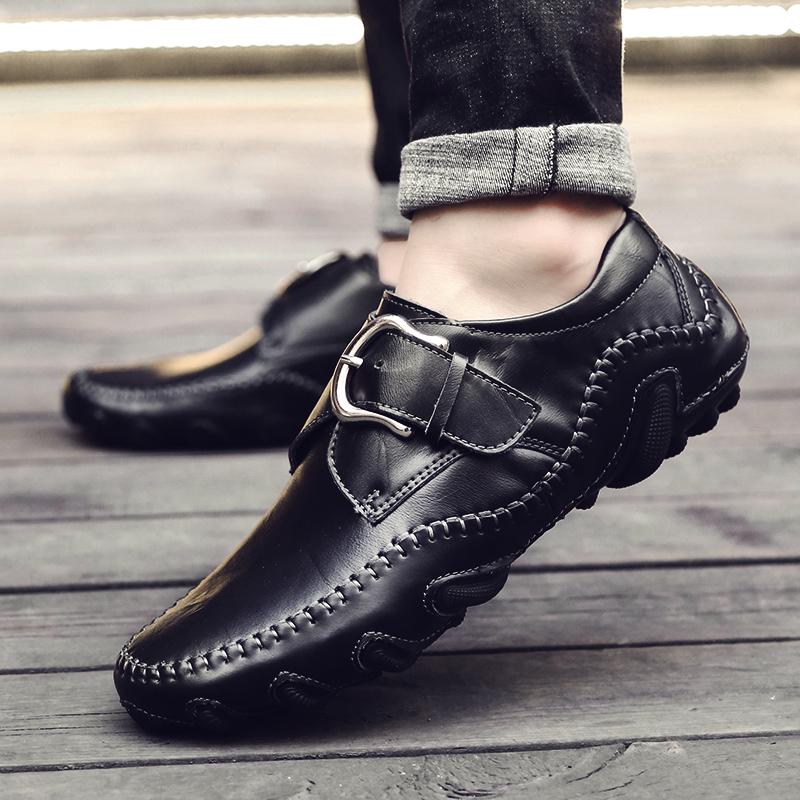 Fashion Fashion Metal Buckle Genuine Leather Loafers Men Brand Luxury Shoes Brown Moccasin Mens Flat Non-Slip Driving Shoes Slip-On Shoe