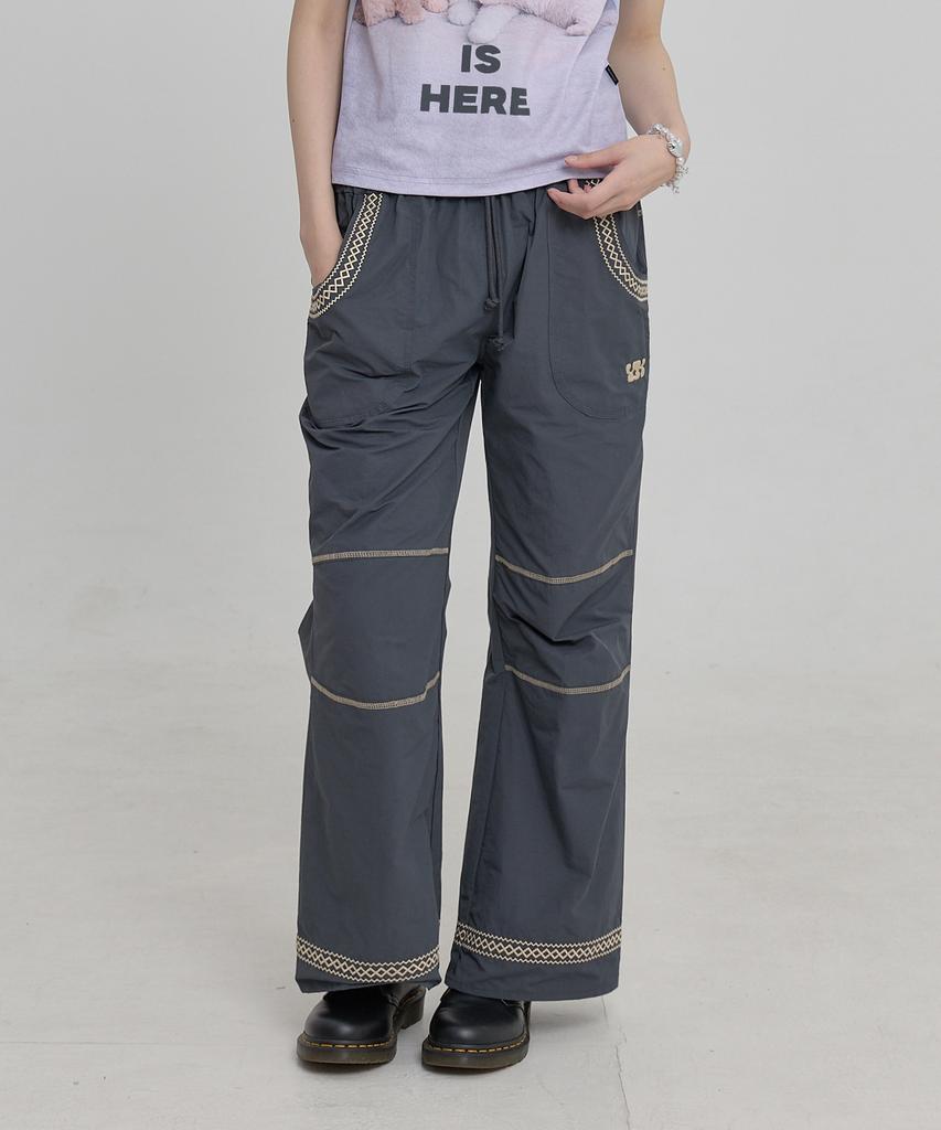 WAIKEI Lace Embroidered Bootcut Cotton Pants Charcoal