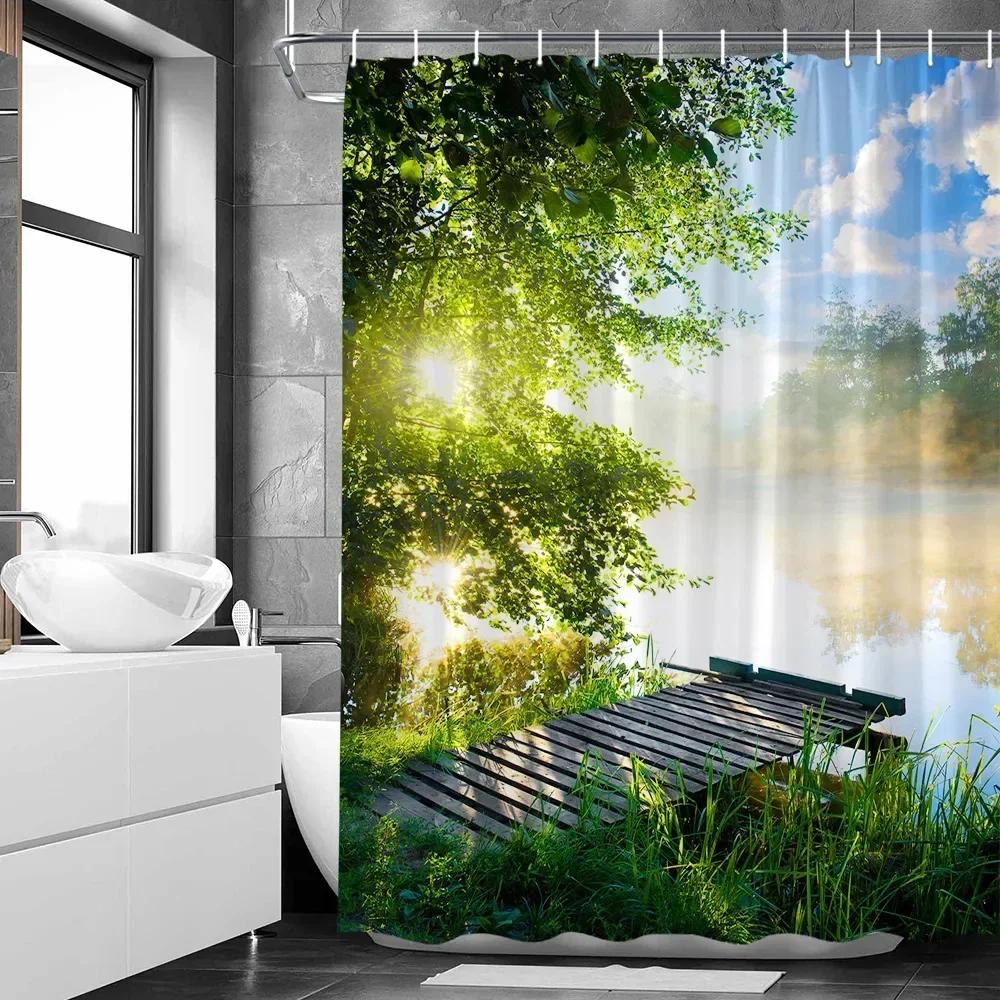 Natural Forest Landscape Shower Curtain 3D Printed Scenery Waterproof Polyester Bath Curtain Home Decor Bathroom Curtain