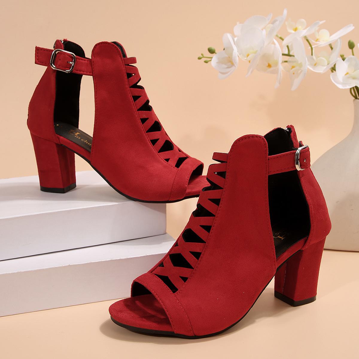 

Весна 2025 новые сетчатые босоножки с открытым носком на высоком каблуке большого размера женская обувь римские сандалии размер для внешней торговли 33-43 45 красный