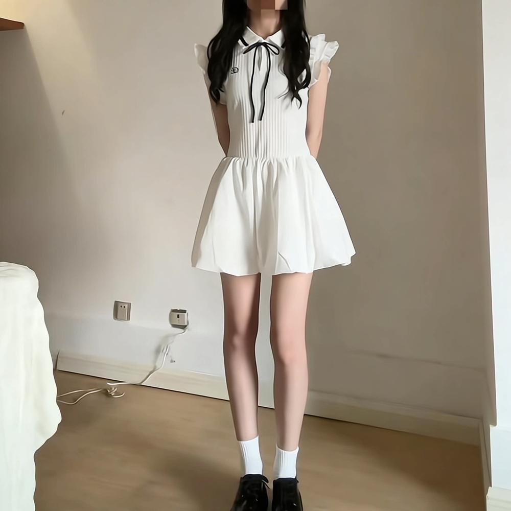 White Xiaoyu Original College Style Bow Strap Polo Shirt Dress Women's Summer Pinch Waist Skinny Pleated Short Skirt