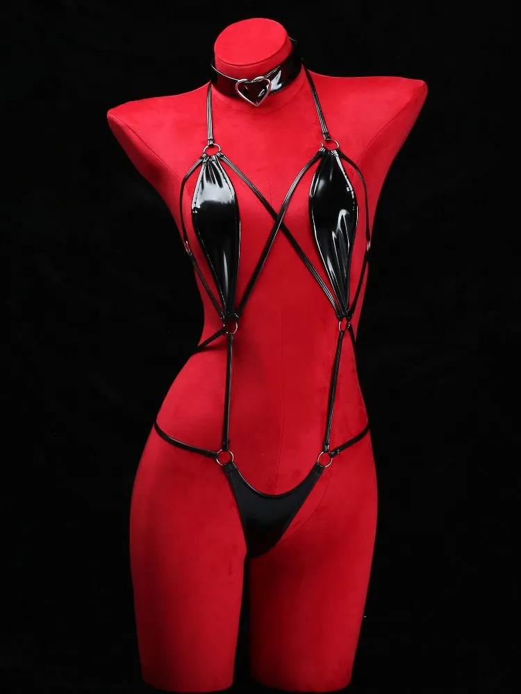 Lingeries Sexy Hot Porn PU Leather Erotic OpenBodysuit Zipper Open Crotch Bandage Breast Latex Look Women BDSM Underwear