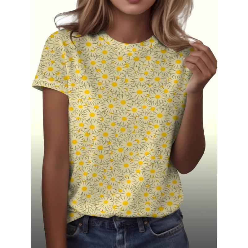 

New Light Yellow Daisy Print Short-Sleeve T-Shirt with White Petals And Yellow Center, Perfect for Summer Styling, Made from Comfortable Fabric S