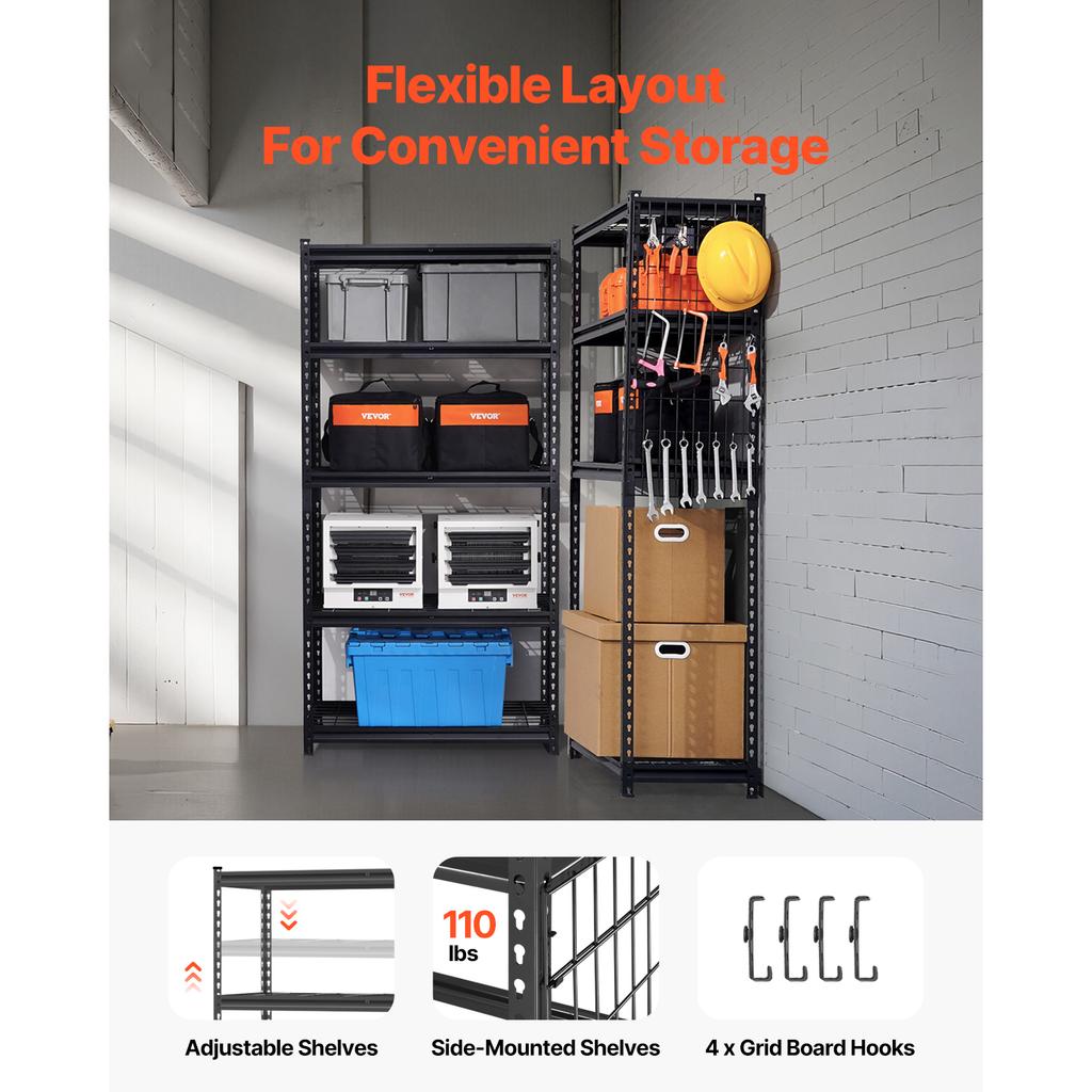 SucceBuy 5 Tier Metal Storage Shelves Height Adjustable Garage Shelving Racking Freestanding Shelf Unit for Industrial Warehouse