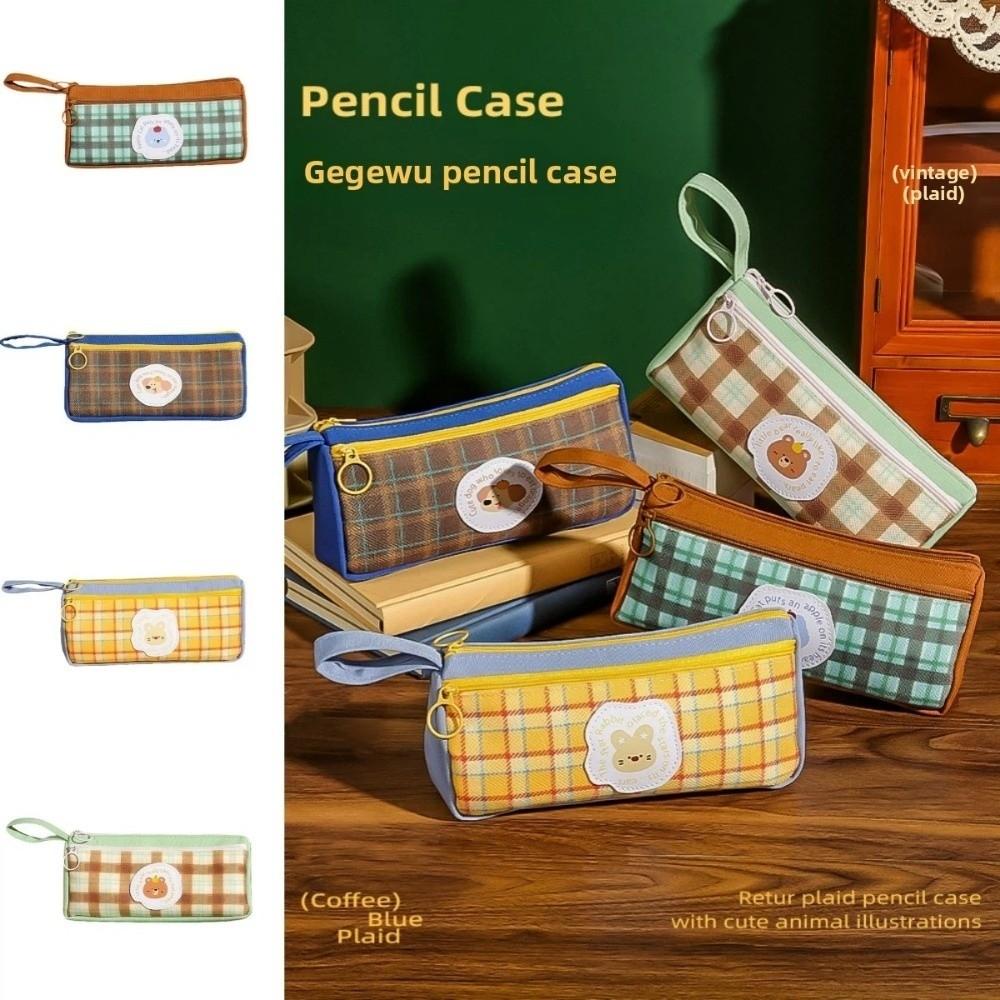 Cloth Retro Grid Stationery Bag Grid Pattern Pencil Pouch Vintage Plaid Pen Bag Office